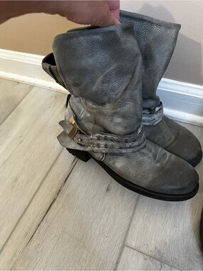 Gray Slouchy Leather Mid-Calf Boots with Buckle Detail